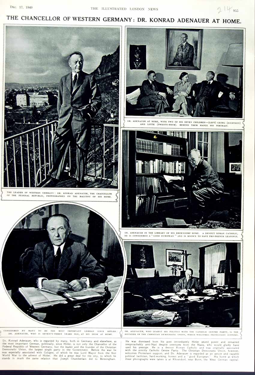 Original Old Vintage Print 1949 Konrad Adenauer Germany Chancellor Federal 20th