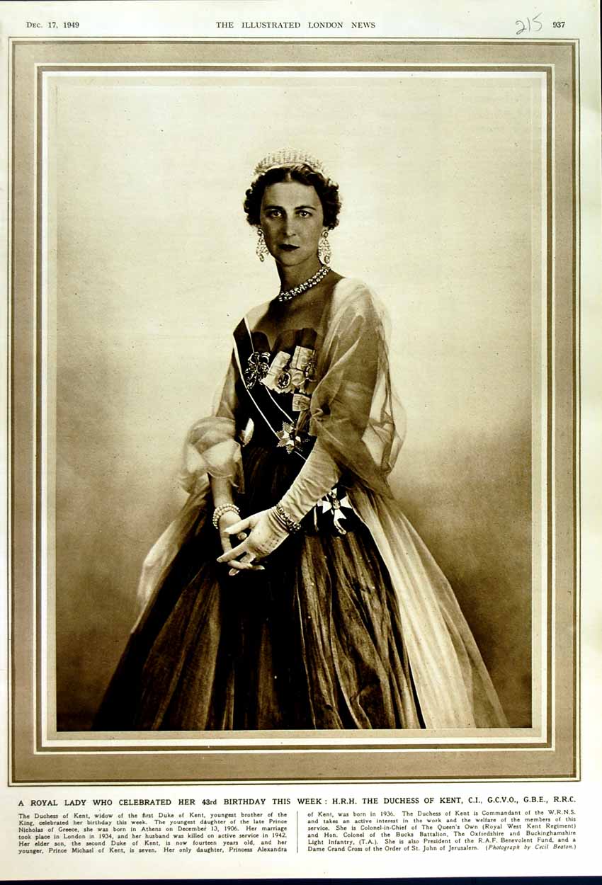 Original Old Vintage Print 1949 Portrait Royal Lady H.R.H Duchess Kent Birthday