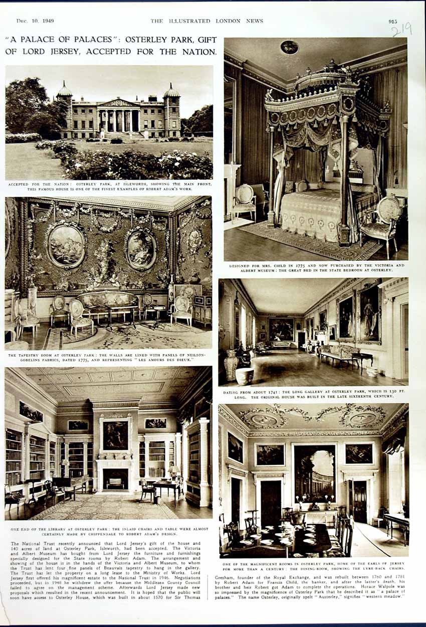 Original Old Vintage Print 1949 Ostreley Park Lord Jersey Dining Room Library