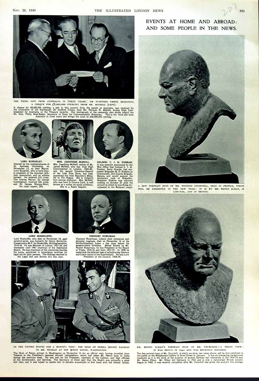 Original Old Vintage Print 1949 Churchill Bust Stafford Mighell Shah Washington