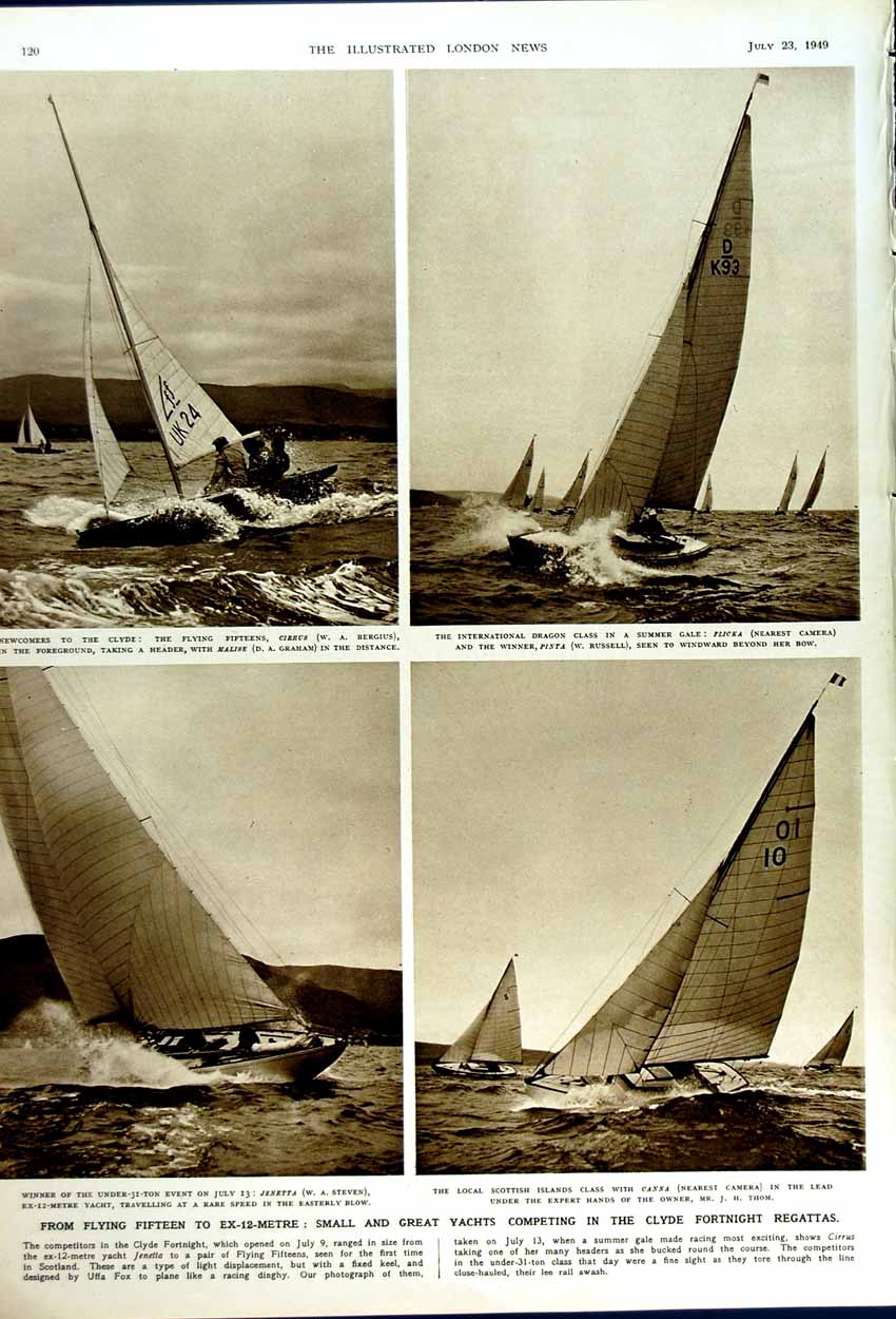 Old Vintage Print 1949 German Gun Gibraltar Railway Clyde Regatta Yachts 20th