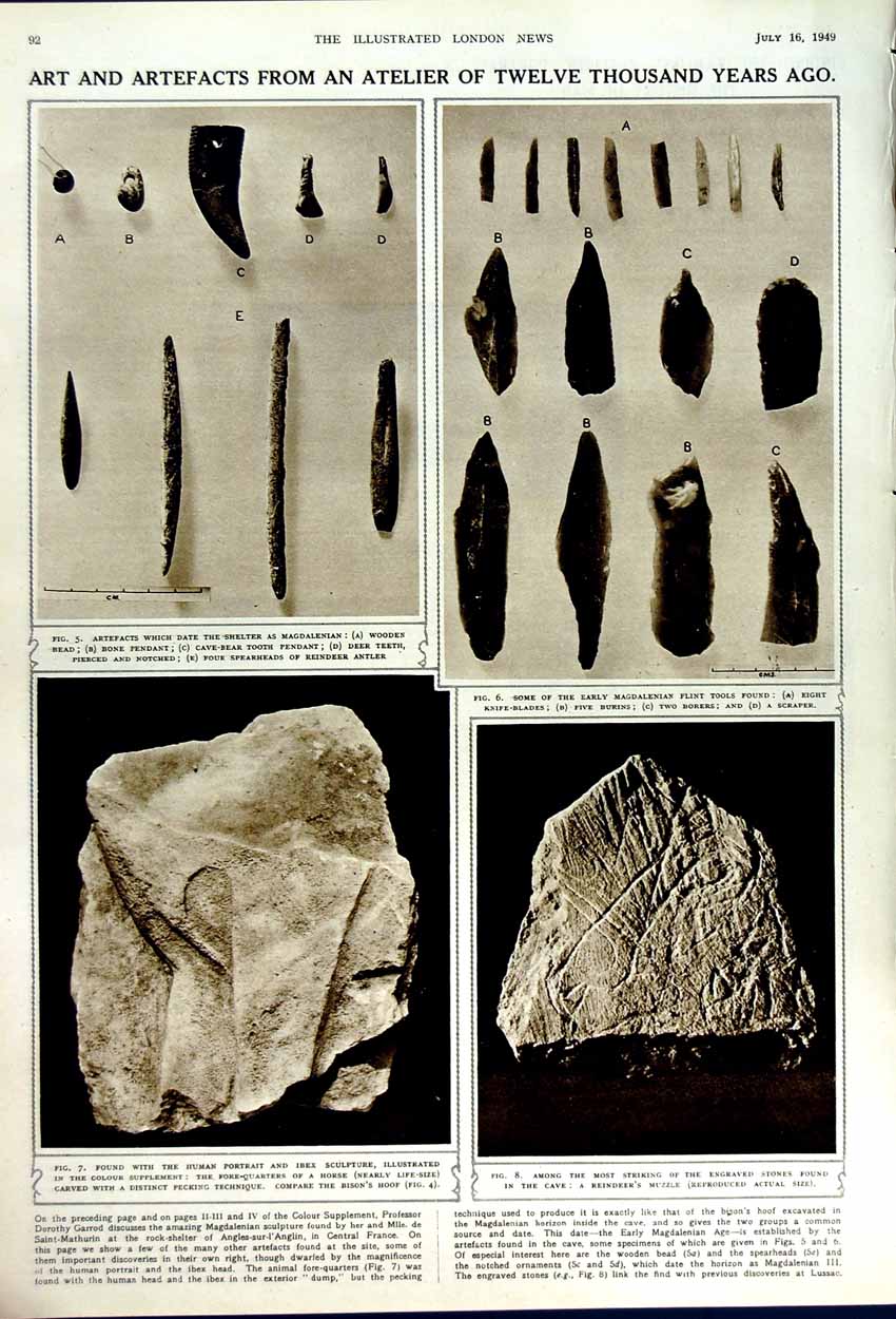 Original Old Vintage Print 1949 Magdalenian Rock-Shelter Archaeology Ibex Cave
