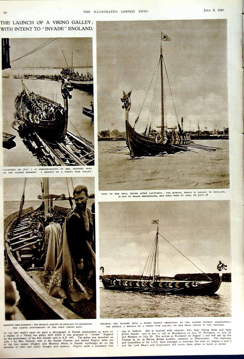 Old Vintage Print 1949 Wimbledon Sport Tennis Viking Ship Huginn Hedtoft 20th