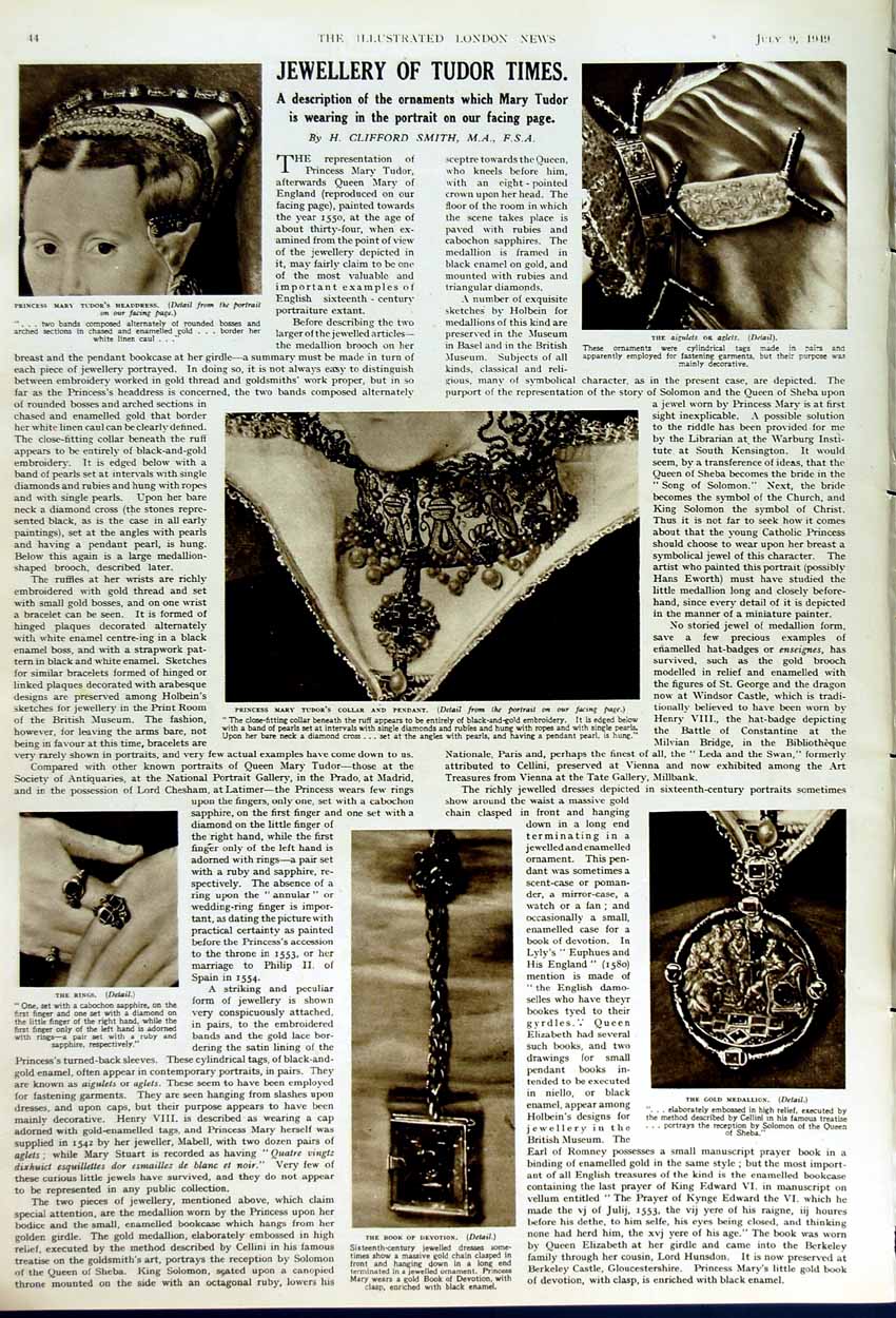 Original Old Vintage Print 1949 Middle Temple Hall London Jewellery Mary Tudor