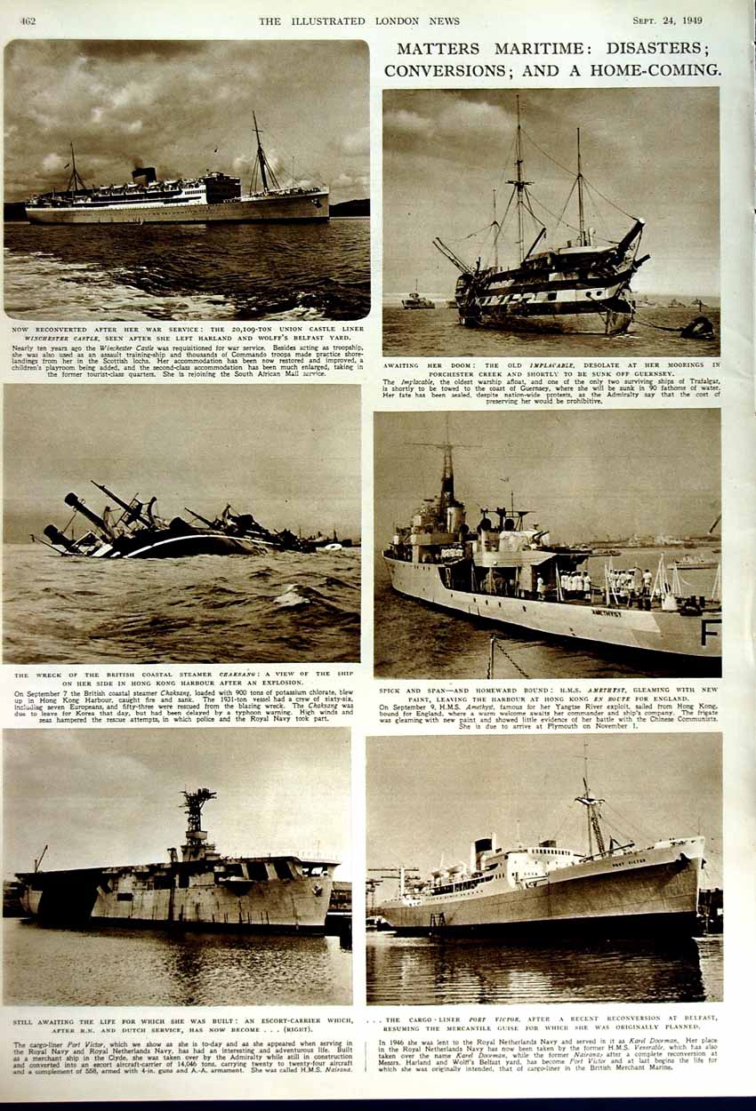 Original Old Vintage Print 1949 Adenauer Livingstone Zaroubin Ship Port Victor