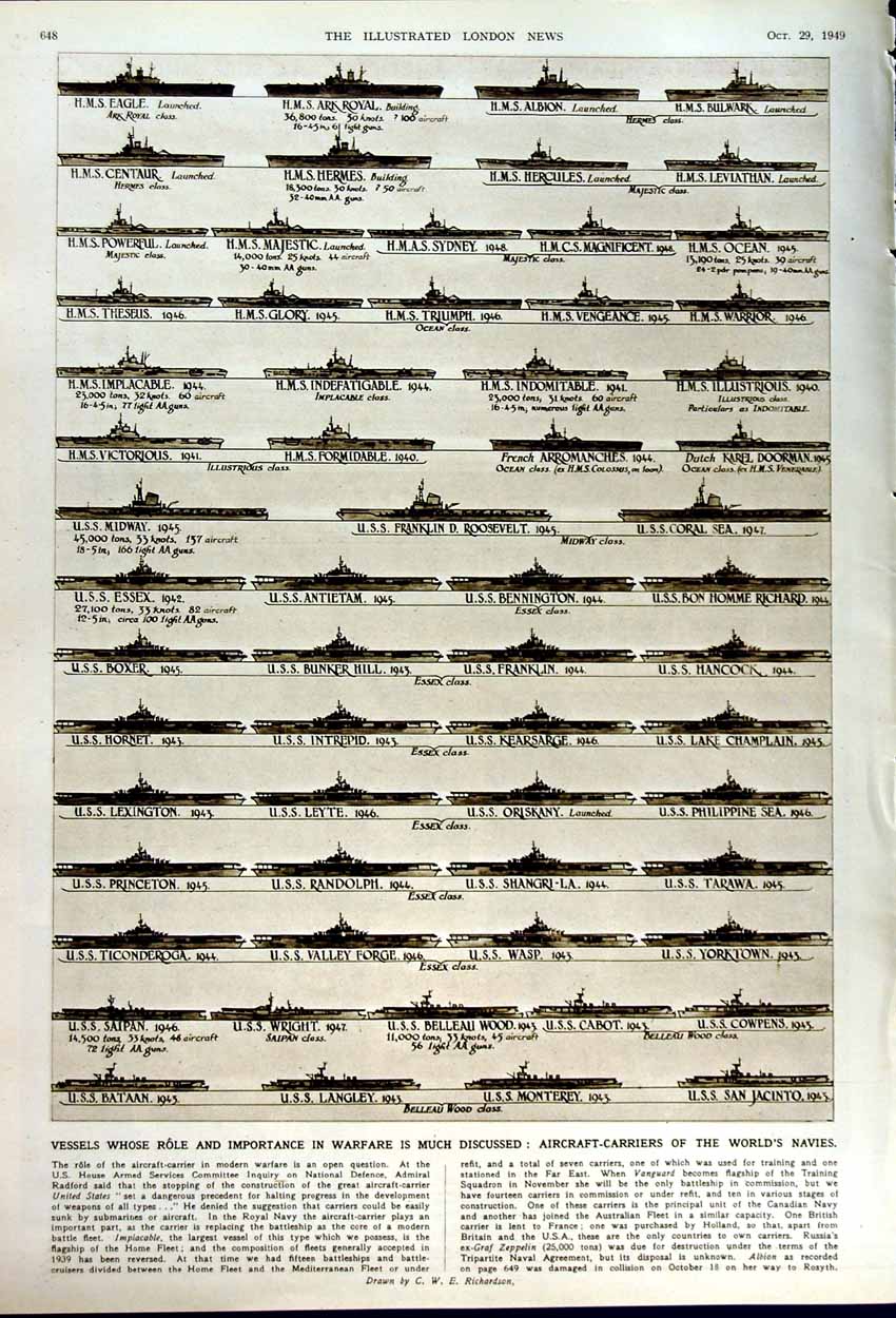 Antique Old Print 1949 Ship Amethyst Suez Malta Campbell Aircraft Carrier 20th