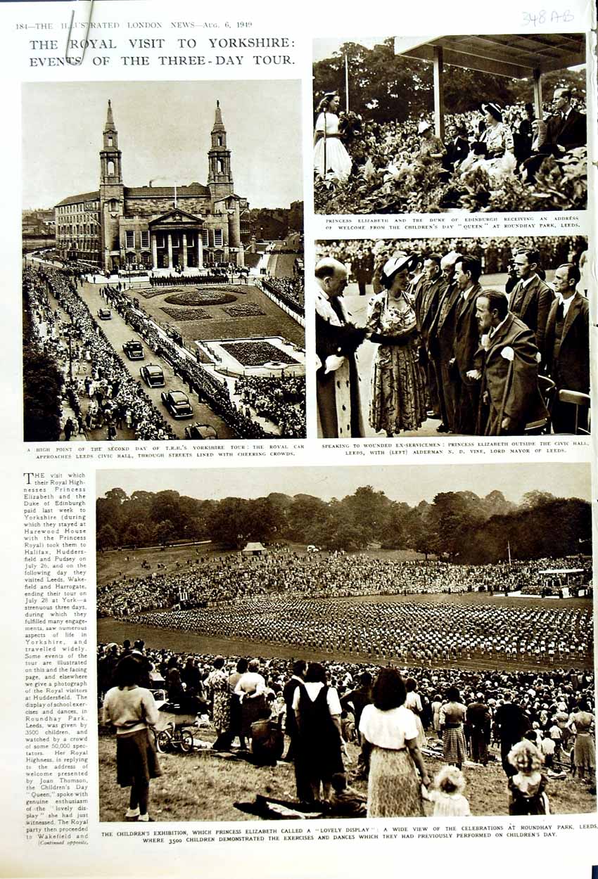 Old Vintage Print 1949 Yorkshire Princess Elizabeth Leeds Duke Edinburgh 20th