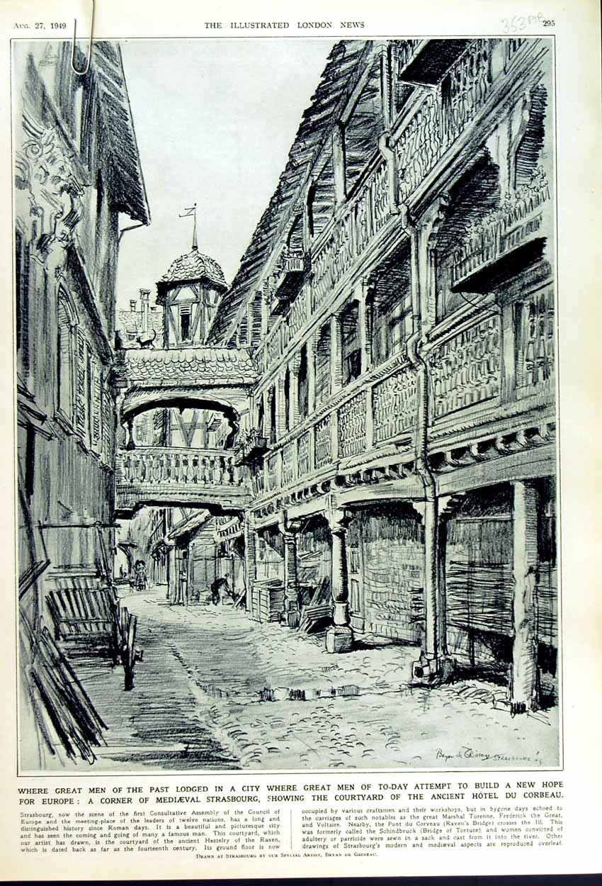 Old Vintage Print 1949 Hotel Corbeau Strasbourg Alsatian Houses Tanners 20th