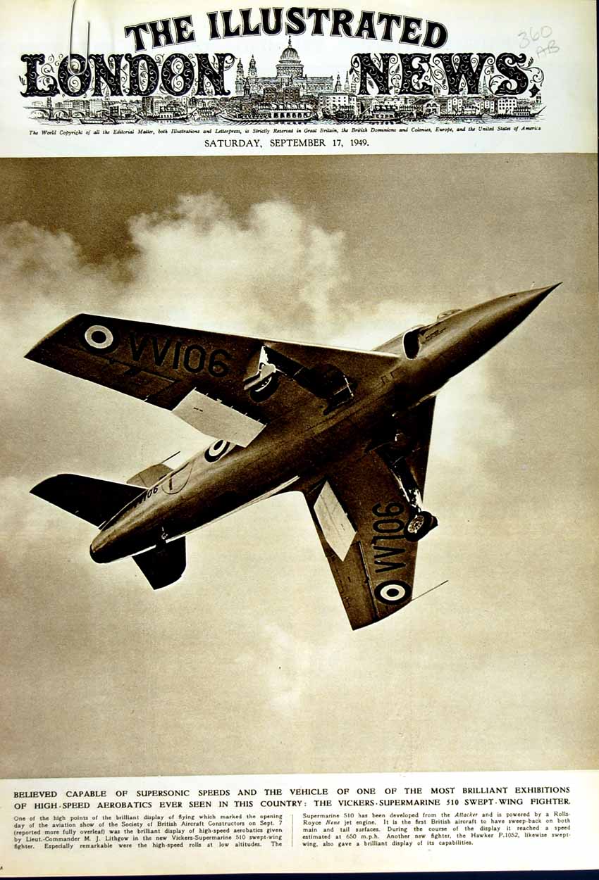 Original Old Vintage Print 1949 Vickers Supermarine Fighter Jet Farnborough