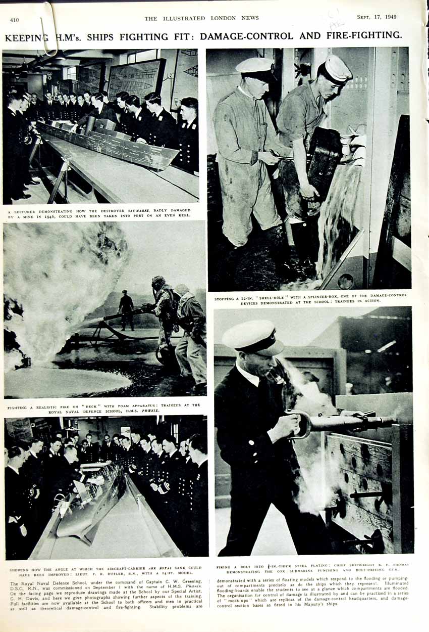 Original Old Vintage Print 1949 Naval Defence School Ship Fire-Fighting Thomas