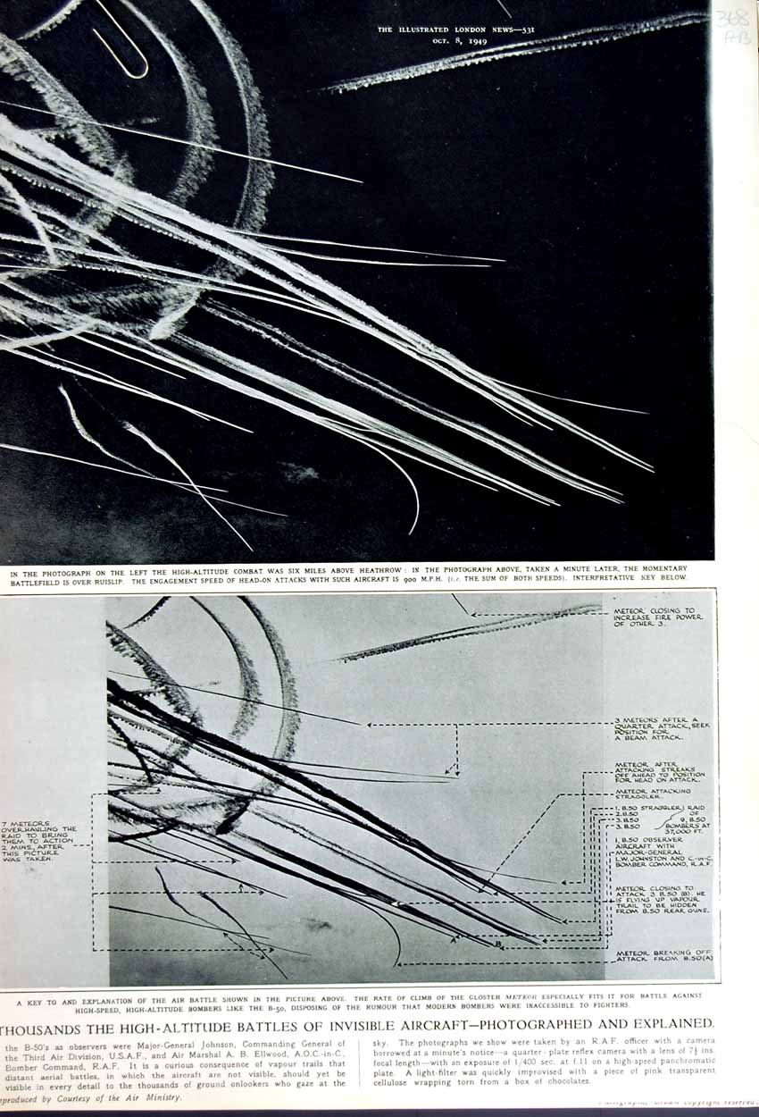 Original Old Vintage Print 1949 High-Altitude Combat Invisible Aircraft Vapour