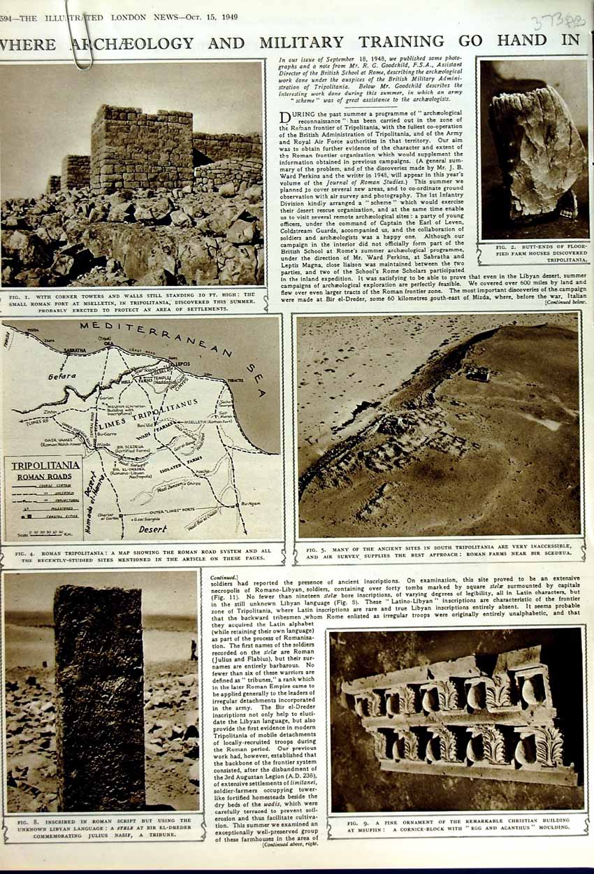Old Vintage Print 1949 Archaeology Stele Roman Tripolitania Grain Stores 20th