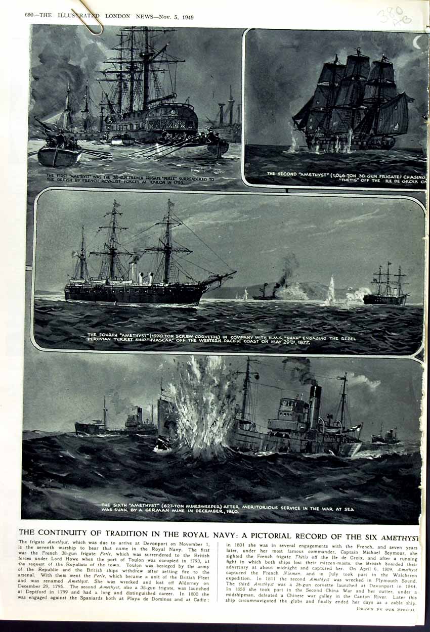 Original Old Vintage Print 1949 Royal Navy Ship Amethyst Frigate Dardanelles