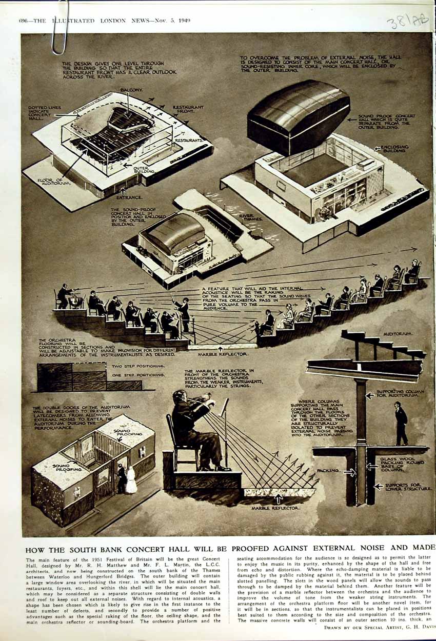 Original Old Vintage Print 1949 South Bank Concert Hall London Music Diagrams