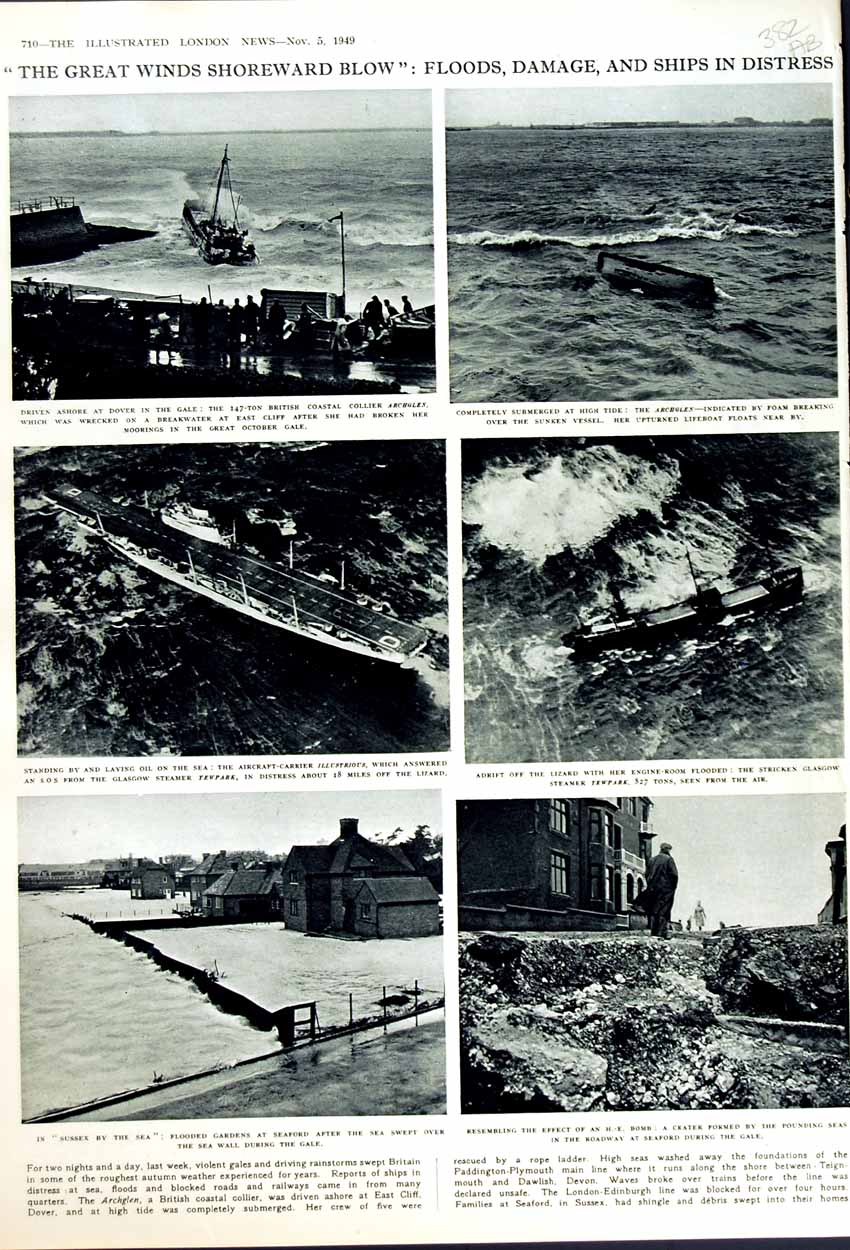 Old Vintage Print 1949 Ships Wreck Illustrious Sussex Floods Folkestone 20th