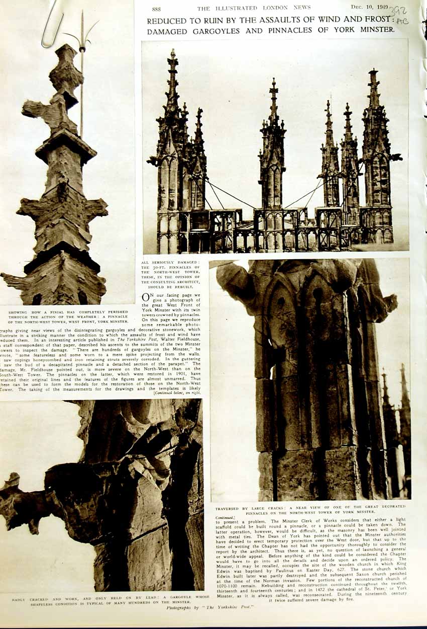 Original Old Vintage Print 1949 Gargoyles Pinnacles York Minster Architecture