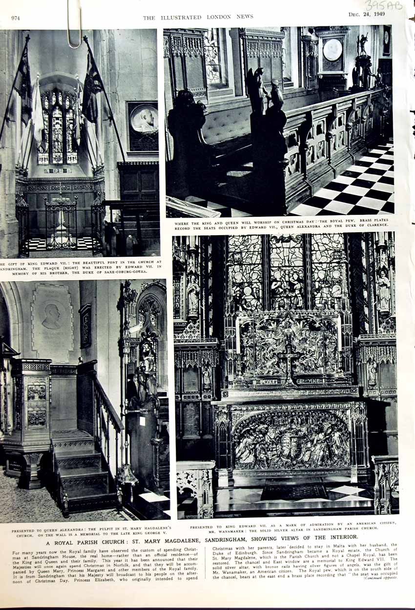 Original Old Vintage Print 1949 Church Mary Magdalene Sandringham Royal Pew