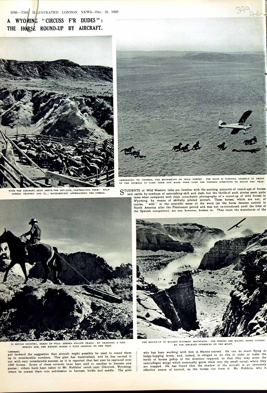 Original Old Vintage Print 1949 Wyoming Mountains America Horses Cowboy 20th