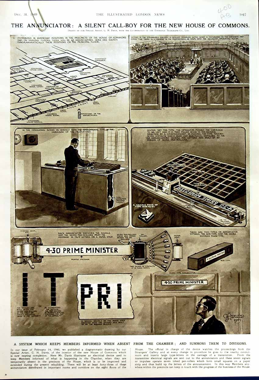 Original Old Vintage Print 1949 House Commons Silent Call-Boy Chamber Gallery