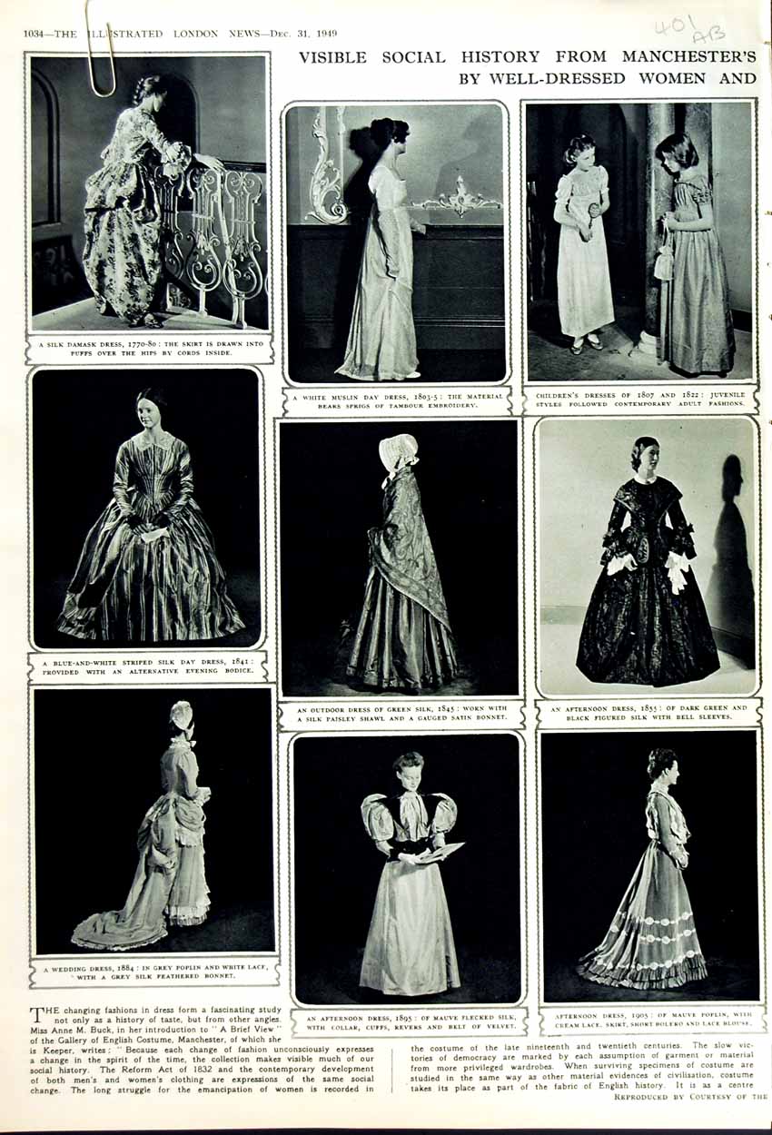 Original Old Vintage Print 1949 Womens Fashion Manchester English Costumes