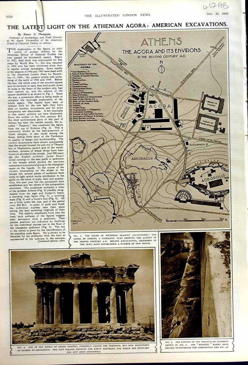 Old Vintage Print 1949 Archaeology Athens Agora Parthenon Marble Torso 20th