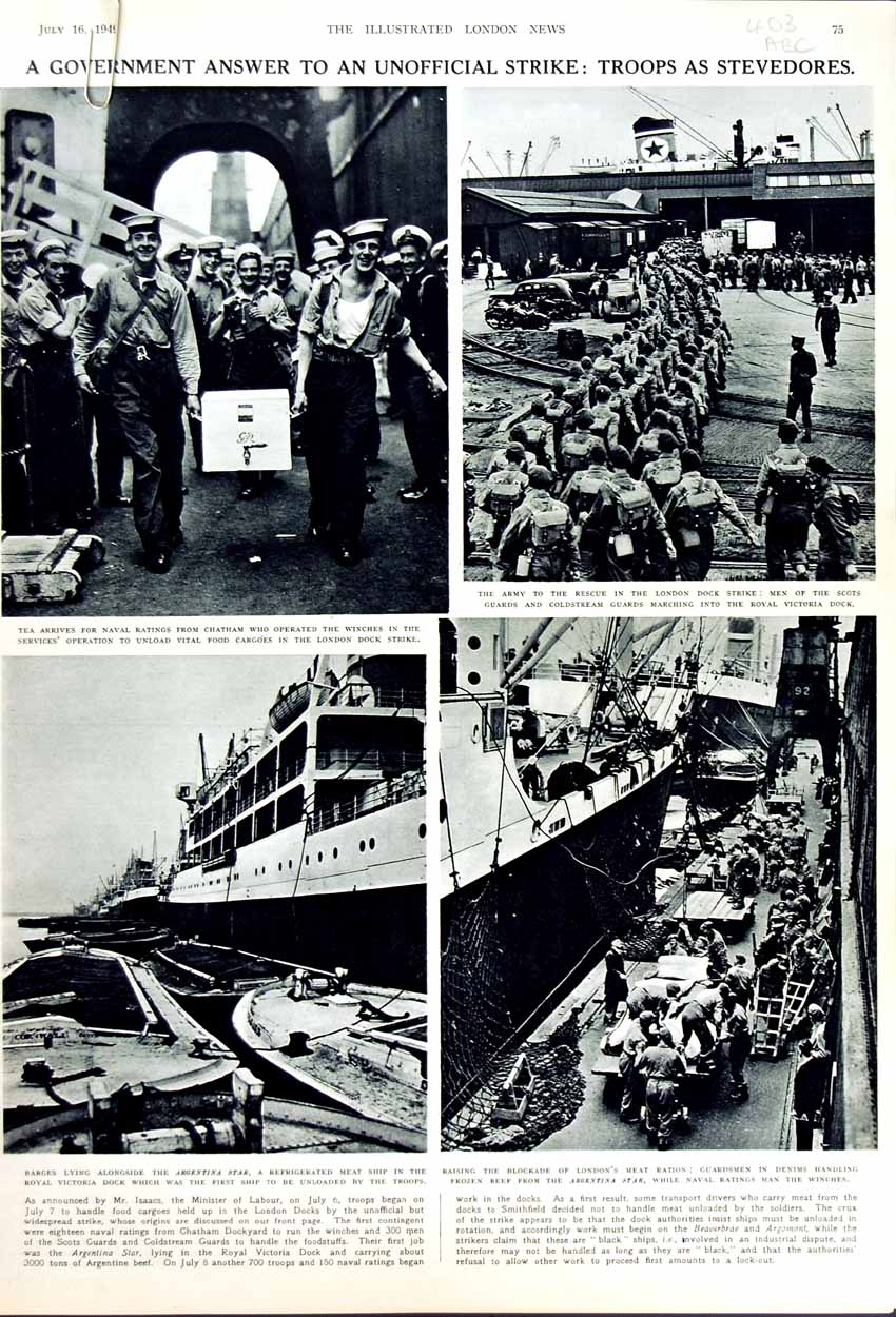 Original Old Vintage Print 1949 Ship Argentina Star London Dock Strike Fettes