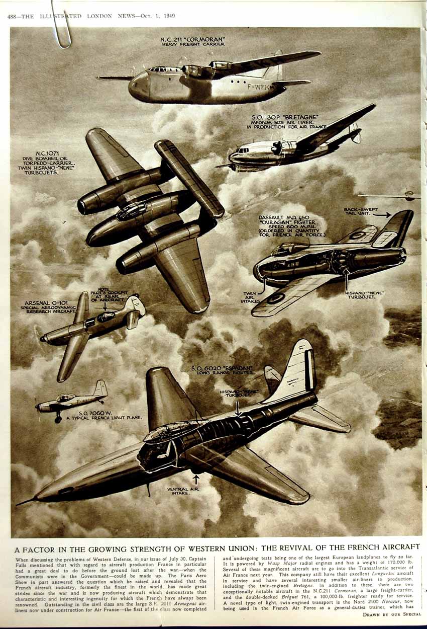 Original Old Vintage Print 1949 French Aircraft War Triton Glider Bomber Nord
