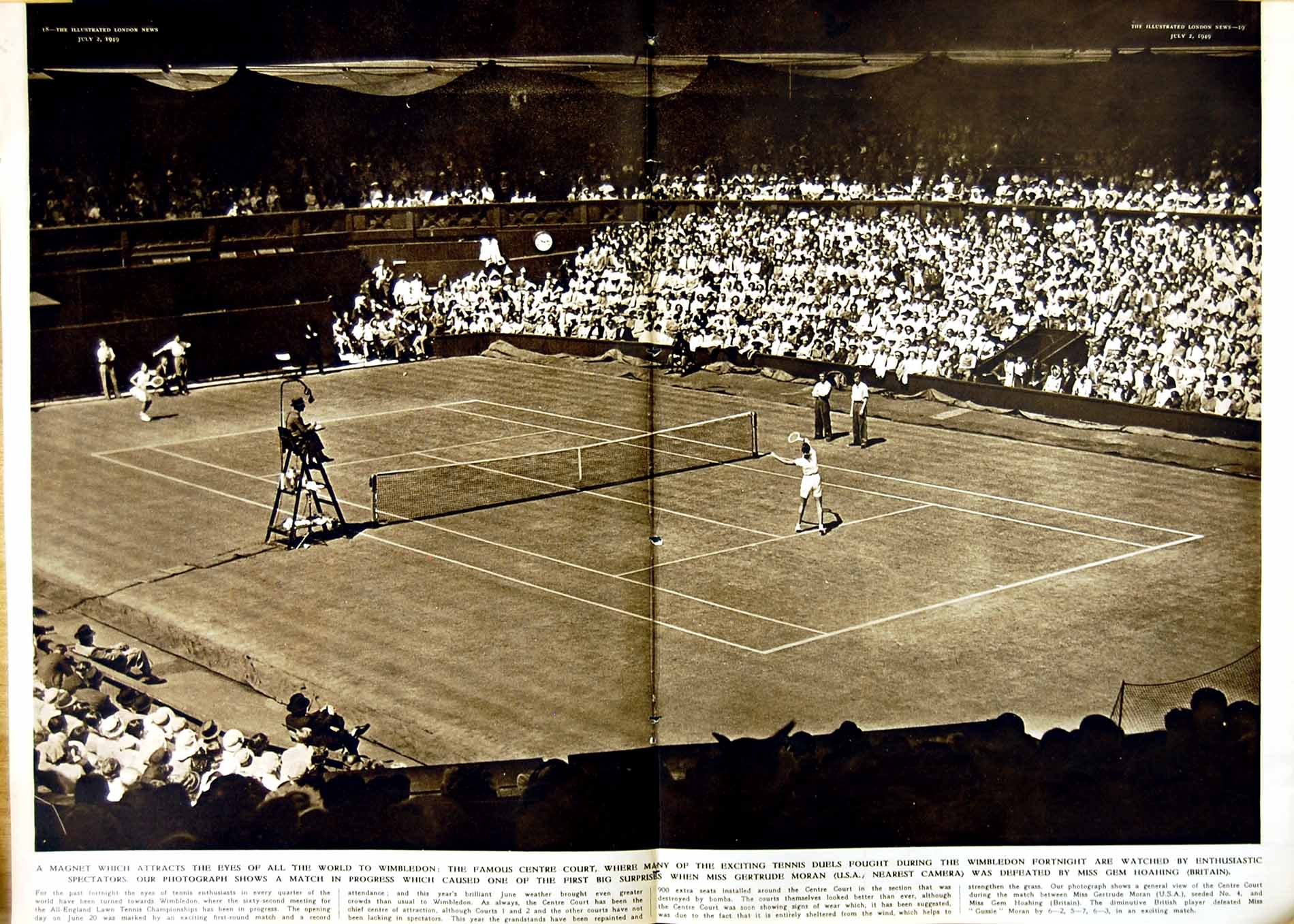 Original Old Vintage Print 1949 Wimbledon Tennis Sport Gertrude Moran Hoahing