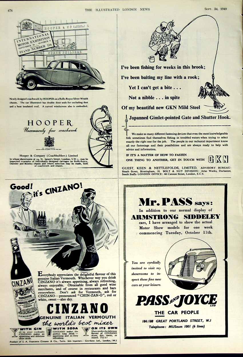Original Old Vintage Print 1949 Earls Court Motor Show Cinzano Car Hooper Pass