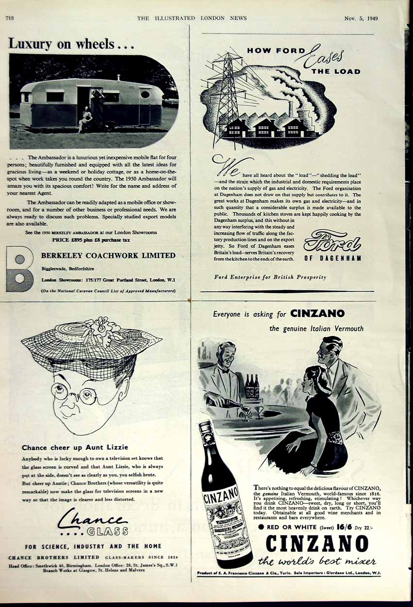 Original Old Vintage Print 1949 Advertisement Sanderson Wallpaper Cinzano Ford