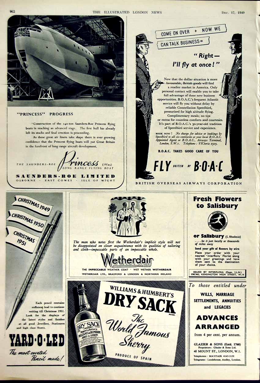 Old Vintage Print 1949 Advertisment Cherry Brandy Sherry Pencil Airways 20th