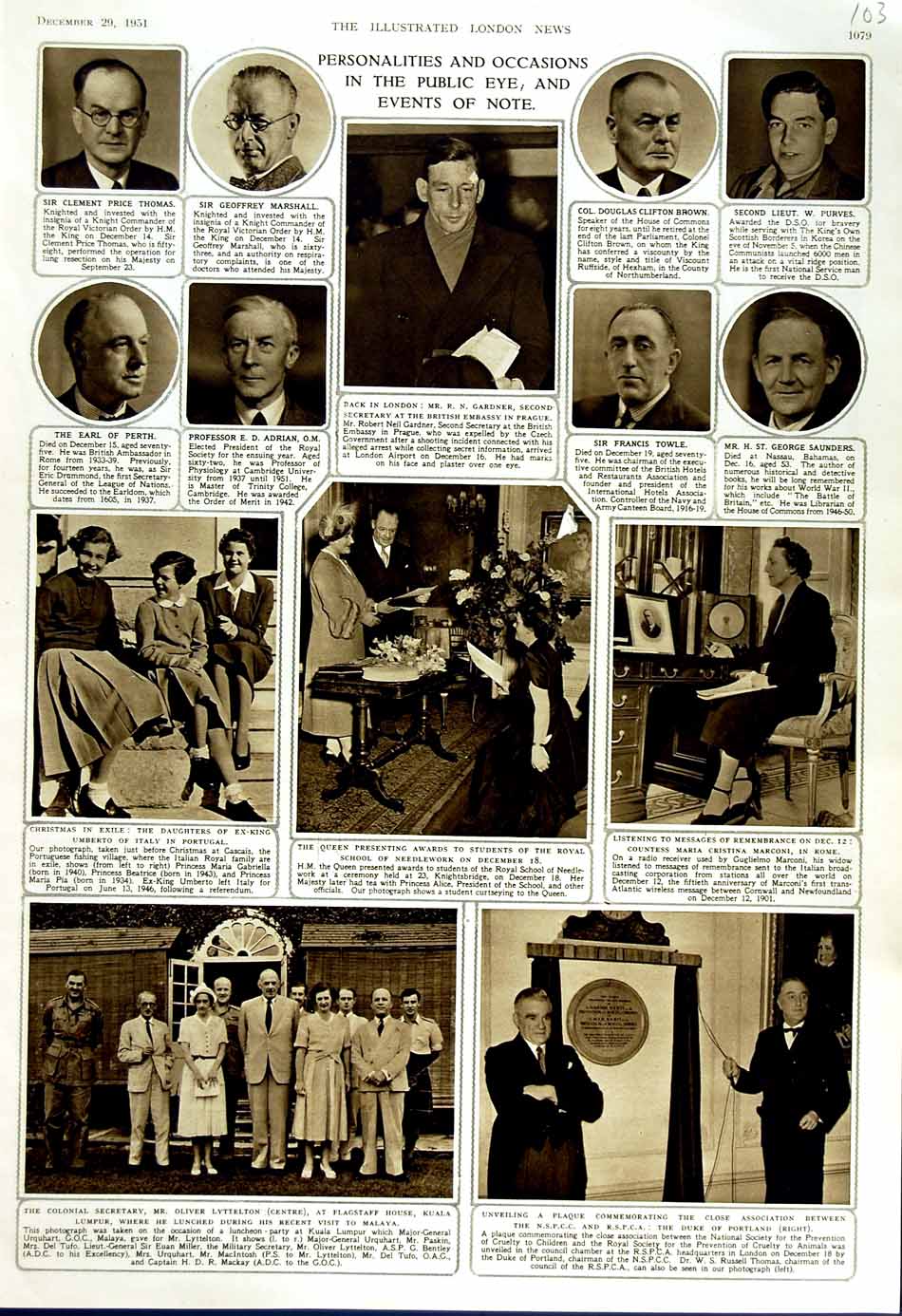 Old Vintage Print 1951 People Lyttelton Duke Portland Queen Gardner Men 20th