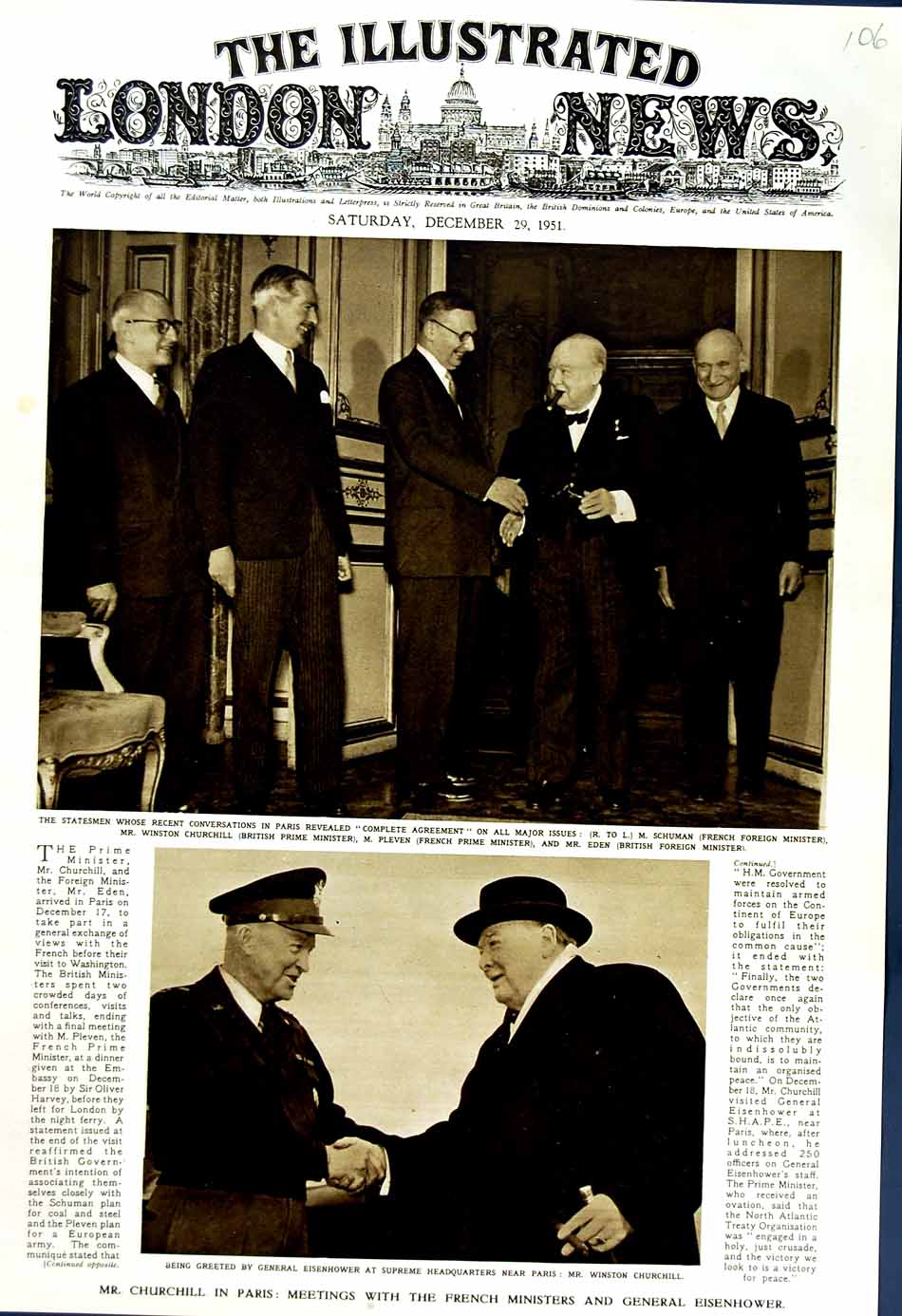 Original Old Vintage Print 1951 Schuman Churchill Pleven Eden Eisenhower Paris
