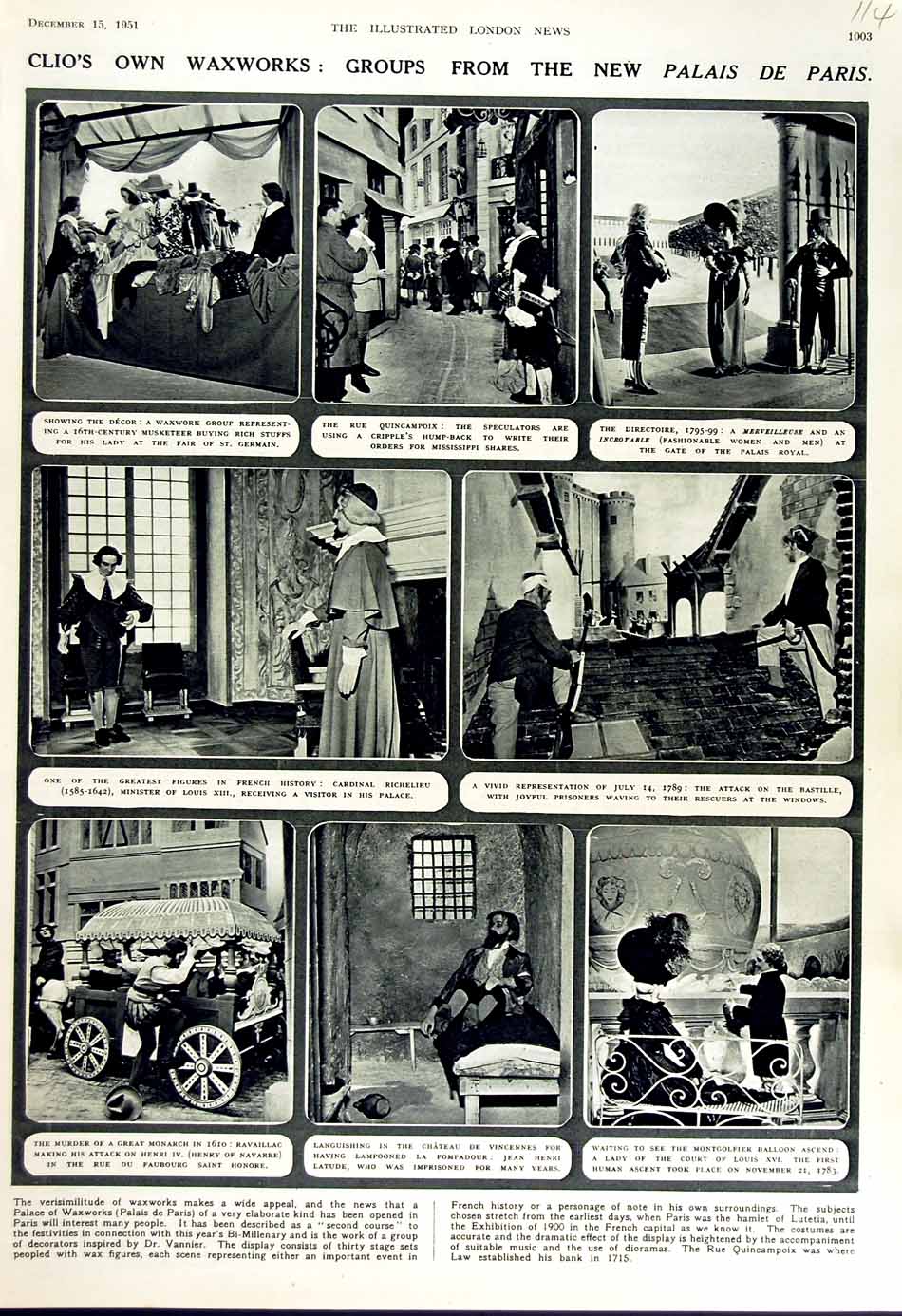 Original Old Vintage Print 1951 Waxworks Palais Paris Theatre Navarre Richelieu