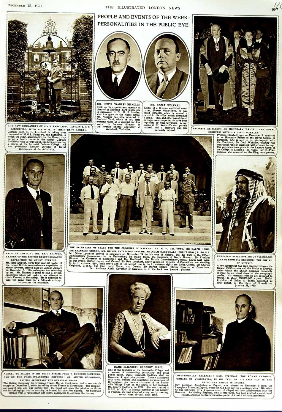 Original Old Vintage Print 1951 People Litchfield Shipton Hopkinson Cadbury Men