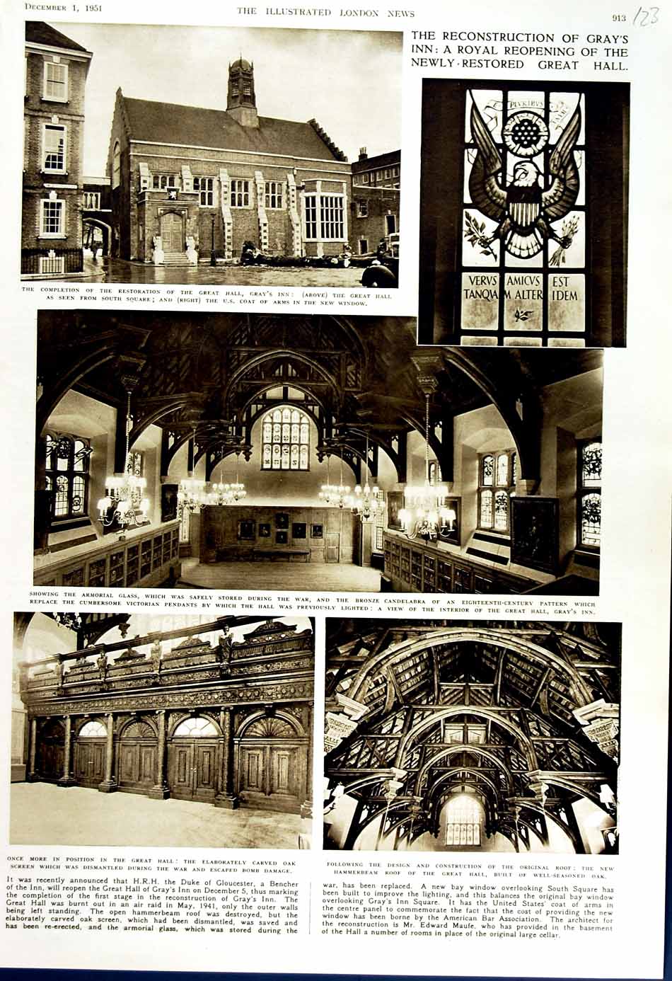 Old Vintage Print 1951 Gray'S Inn Hall Building Armorial Glass Cumbersome 20th