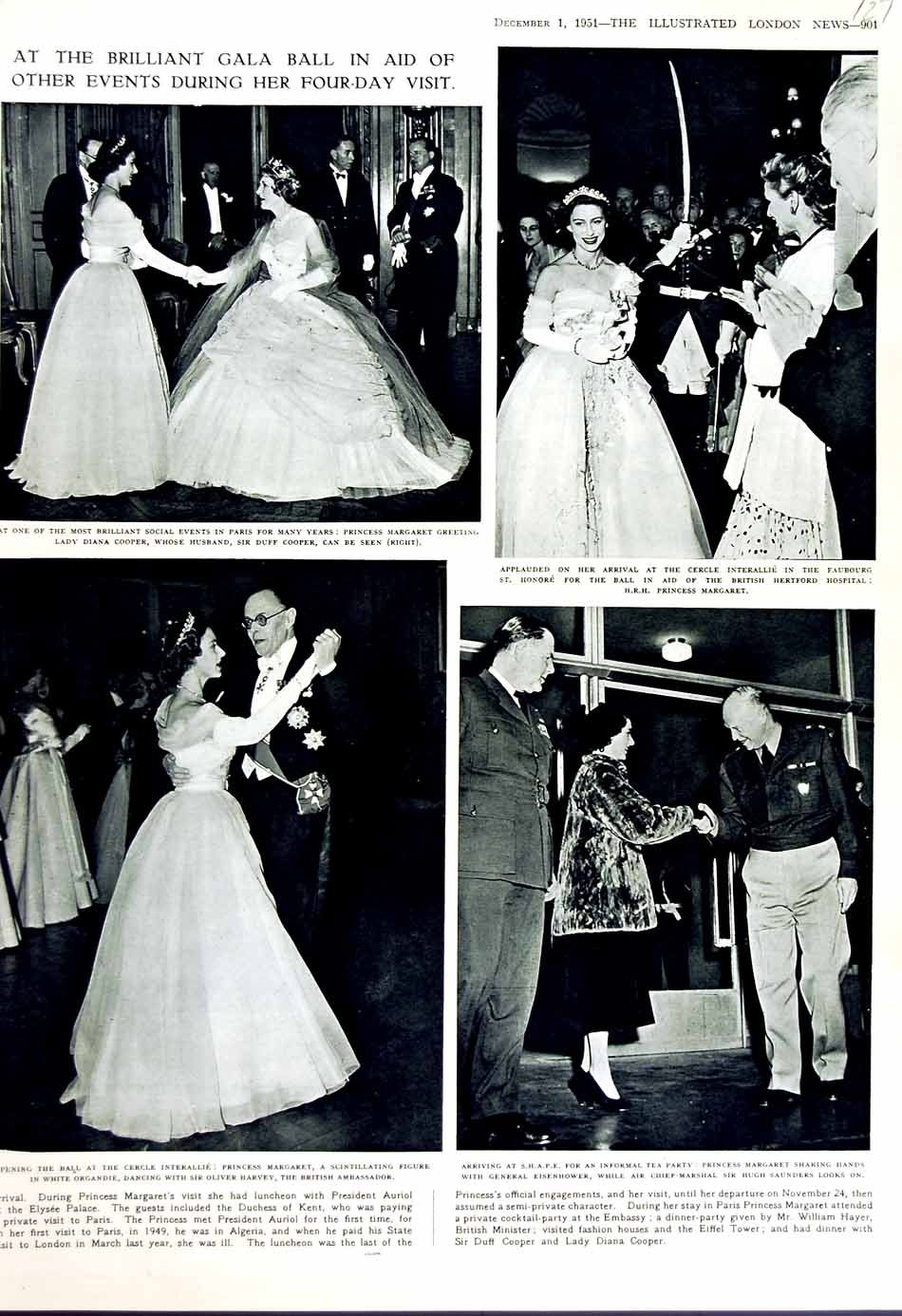 Original Old Vintage Print 1951 Gala Ball Princess Margaret Cooper Eisenhower