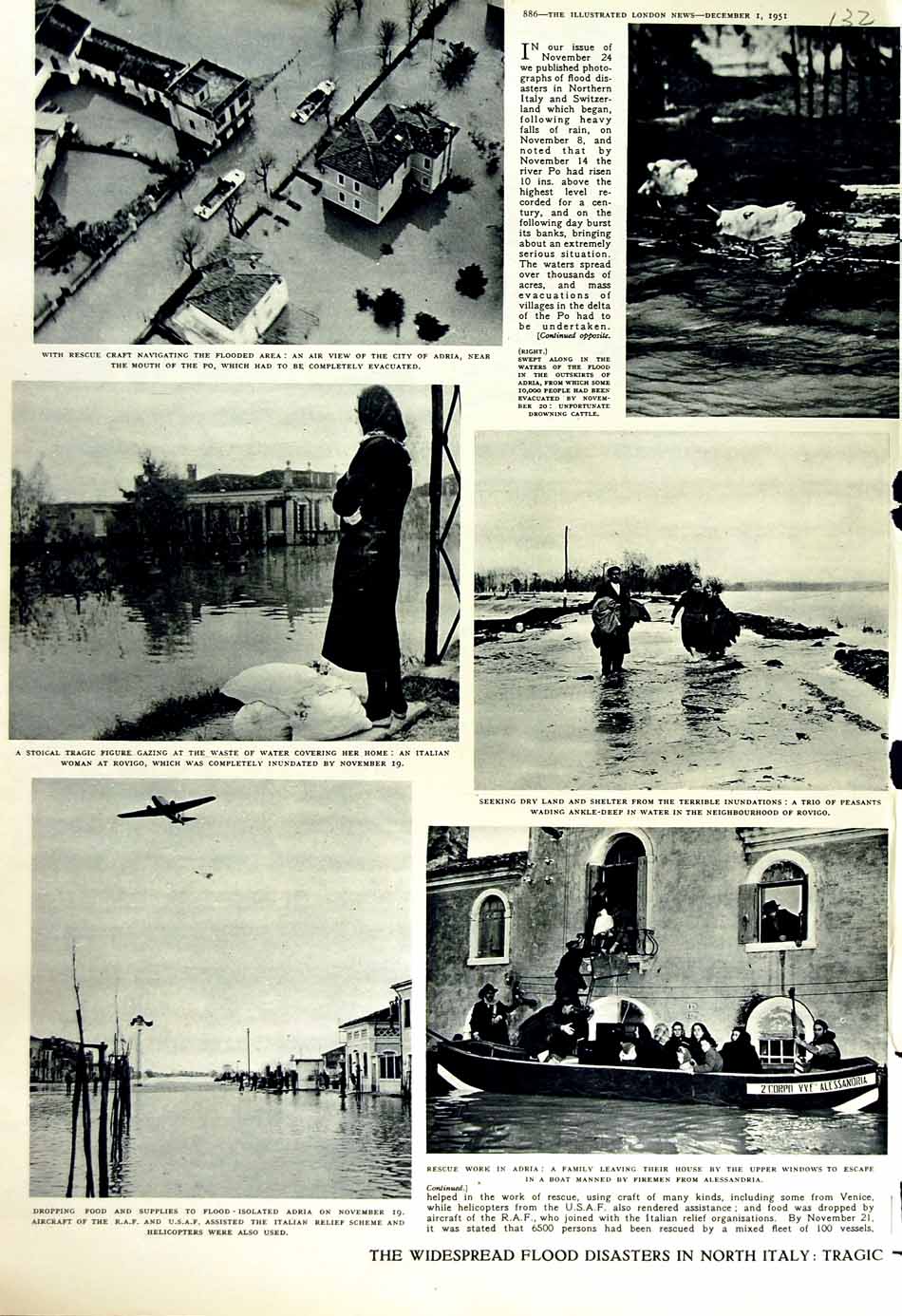 Old Vintage Print 1951 Floods Italy River Po Rovigo Adria R.A.F Aircraft 20th