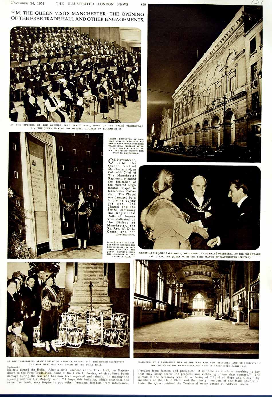 Original Old Vintage Print 1951 Queen Barbirolli Free Trade Ardwick Manchester