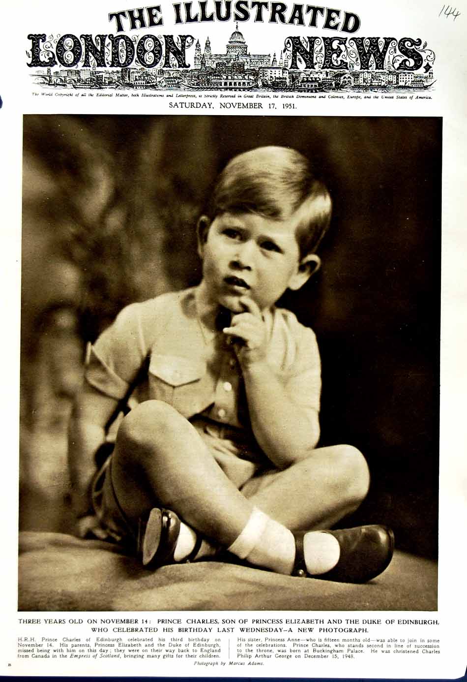 Original Old Vintage Print 1951 Portrait Prince Charles Three Years Photograph