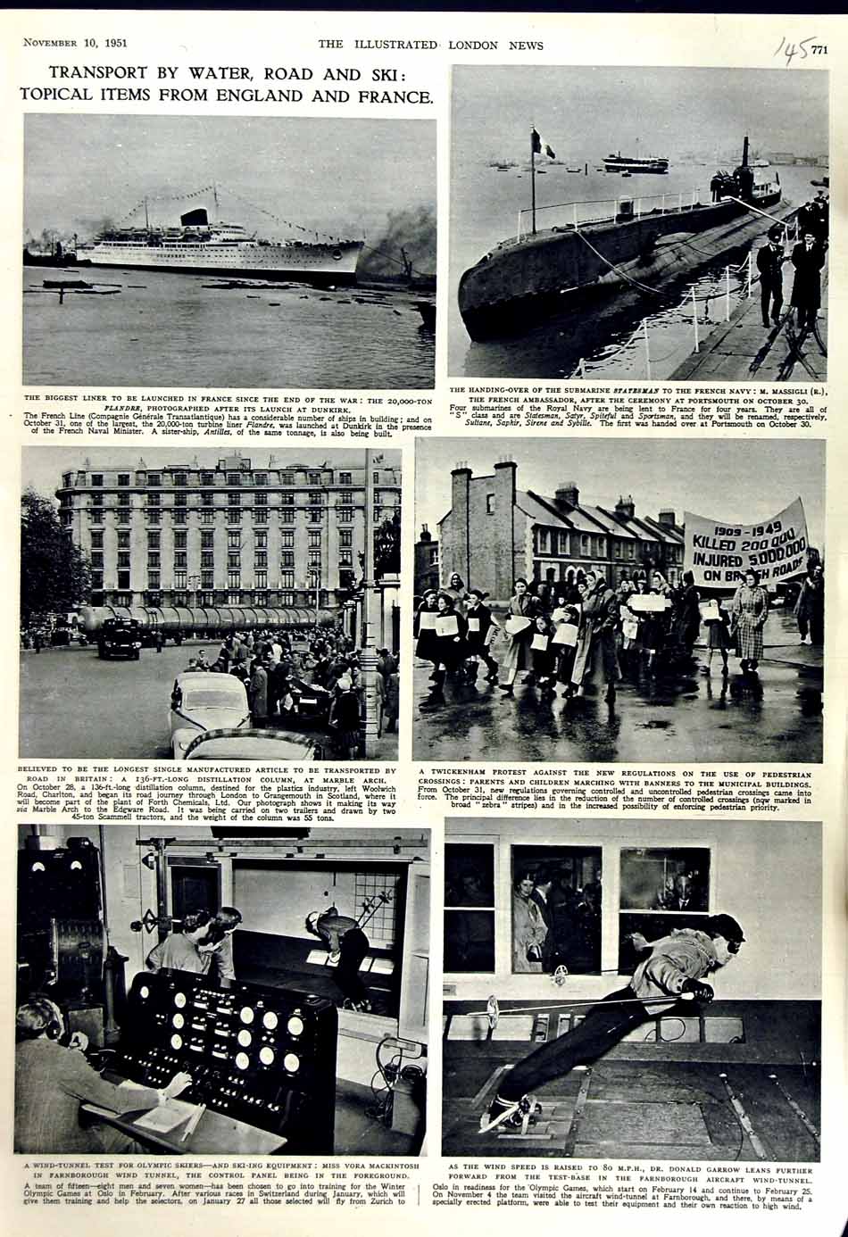 Original Old Vintage Print 1951 Ship Flander Submarine Statesman Garrow Ski-Ing