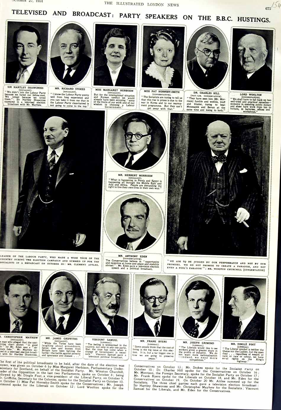 Old Vintage Print 1951 Attlee Hill Woolton Foot Byers Grimond Parliament 20th