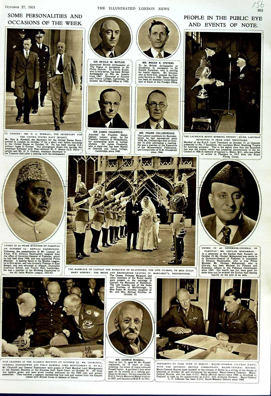 Old Vintage Print 1951 People Russell Churchill Montgomery Chadwick Men 20th