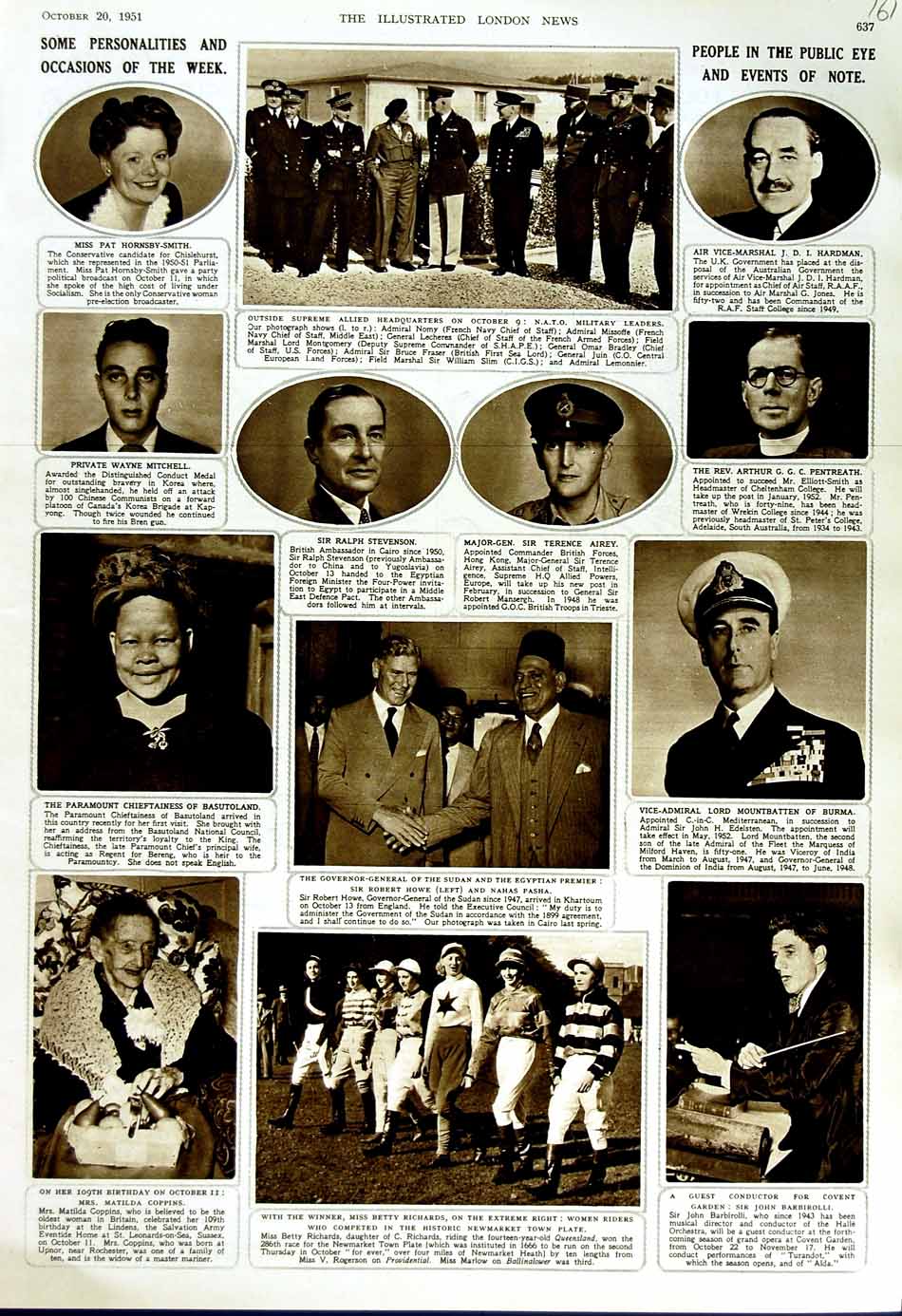 Old Vintage Print 1951 People Newmarket Jockeys Howe Airey Military Men 20th