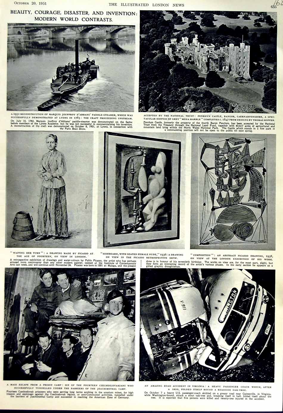 Old Vintage Print 1951 Penrhyn Castle Bangor Boat Lyons Prison Camp Art 20th