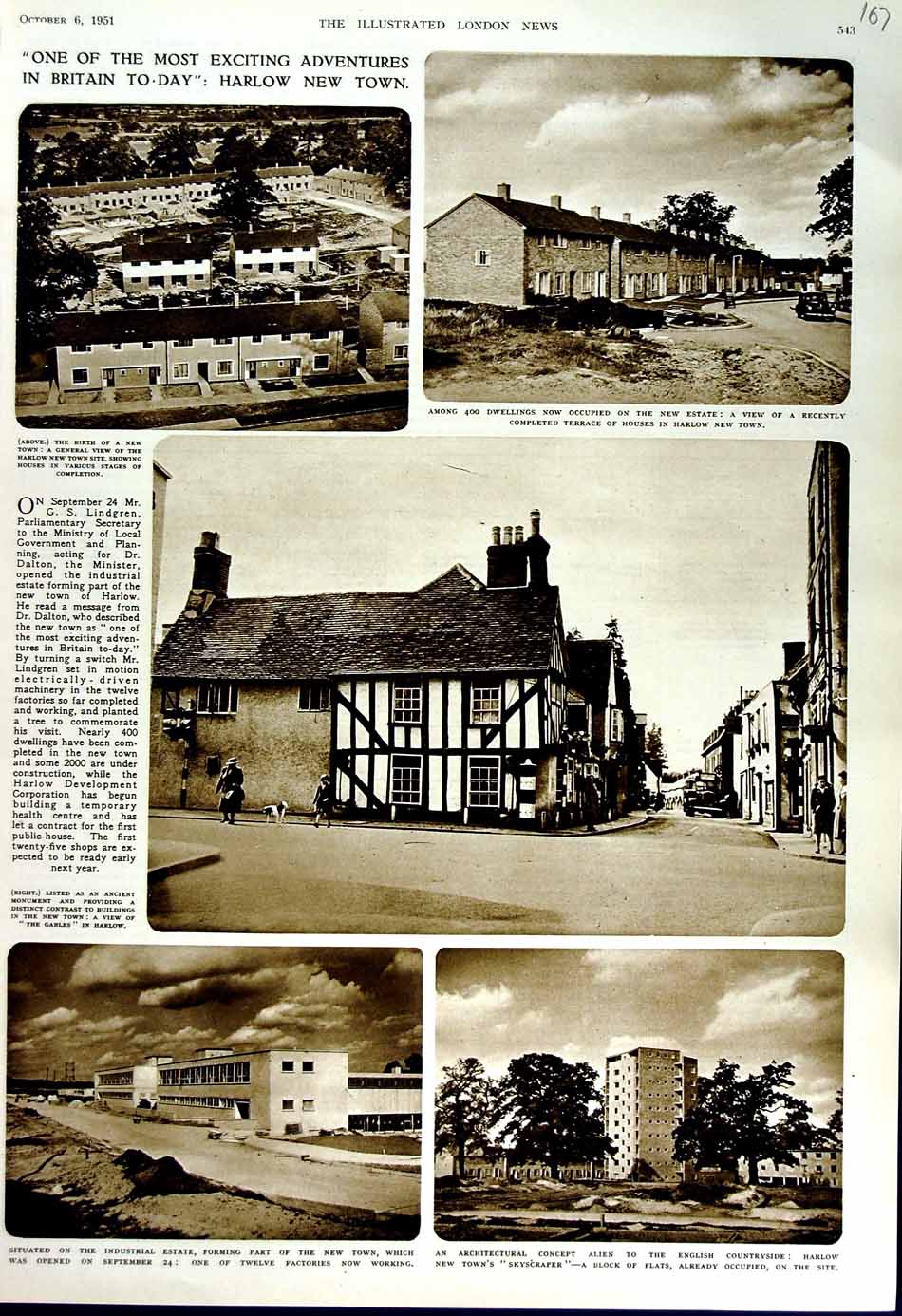 Old Vintage Print 1951 Factory Harlow England Houses Architecture Gables 20th