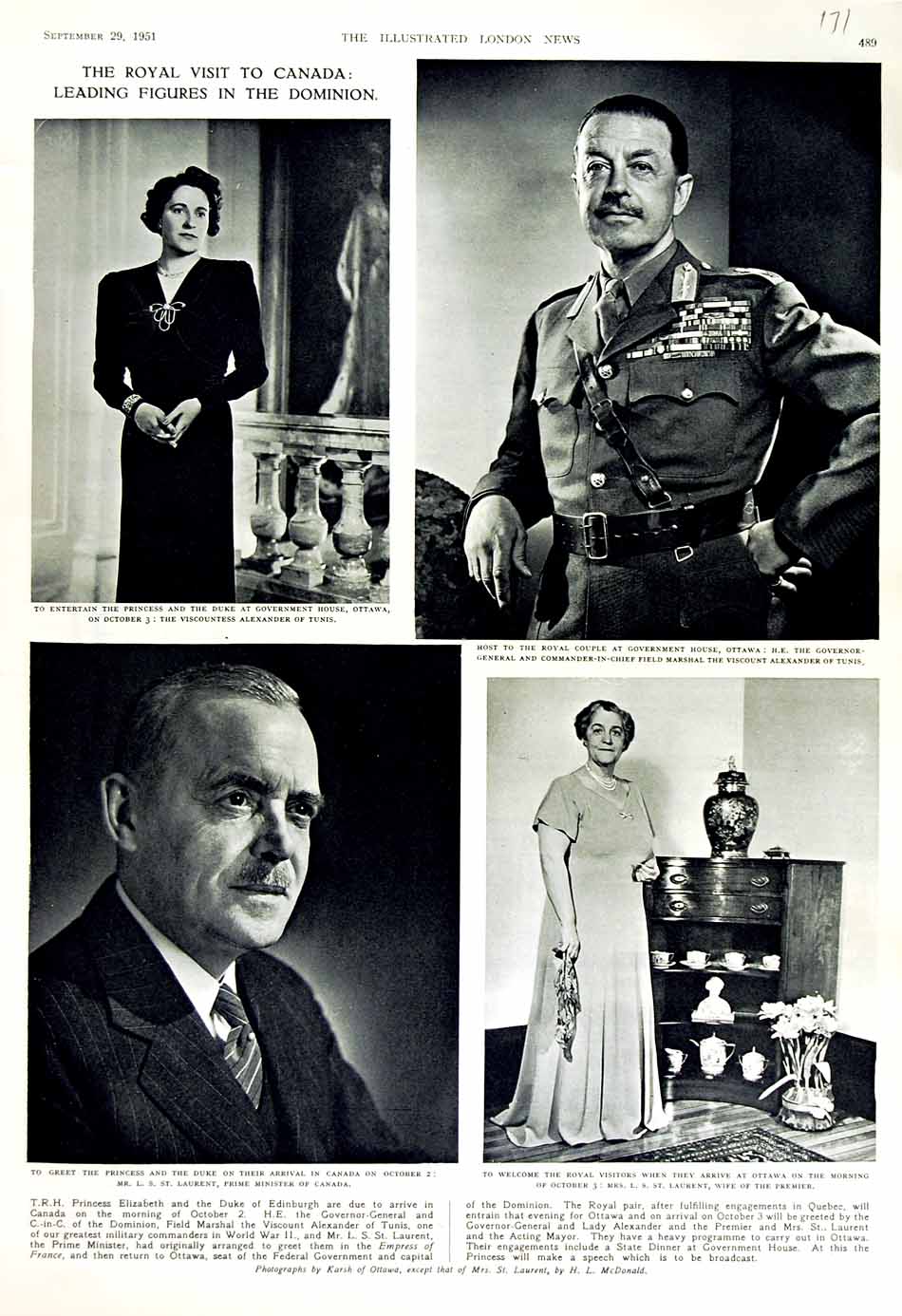 Old Vintage Print 1951 Princess Elizabeth Alexander Tunis Laurent Canada 20th