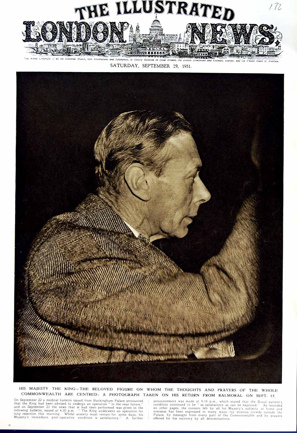 Old Vintage Print 1951 Portrait Majesty King Royalty Balmoral Buckingham 20th