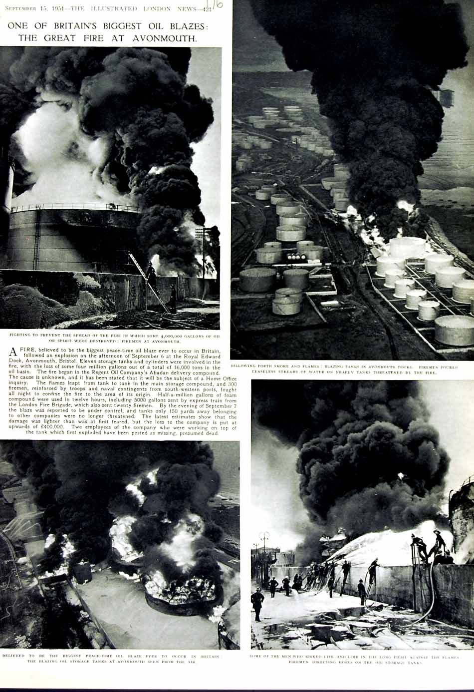 Original Old Vintage Print 1951 Oil Fire Avonmouth Docks Tanks Royal Edward