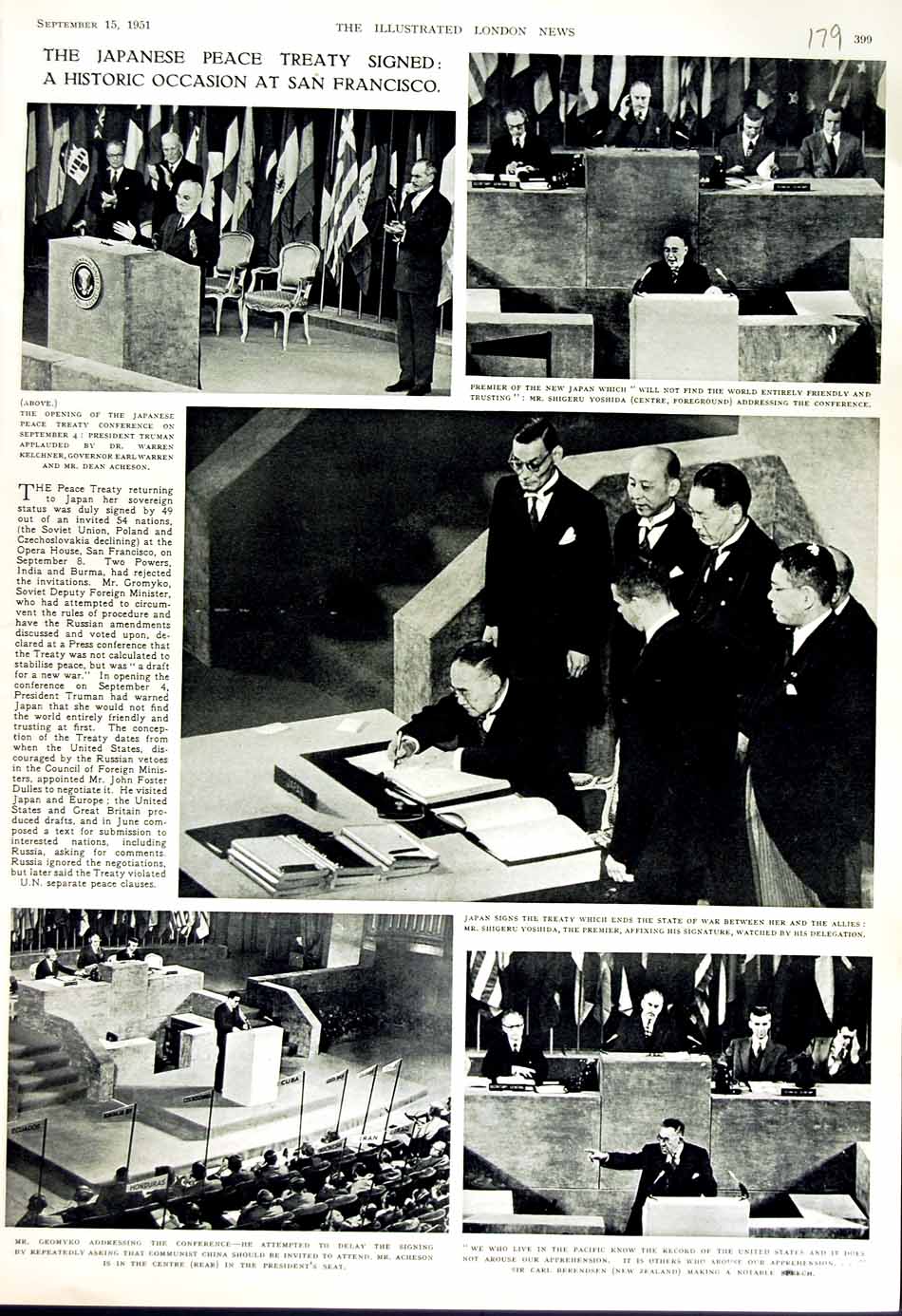 Old Vintage Print 1951 Japanese Peace Treaty Yoshida Truman Gromyko Men 20th